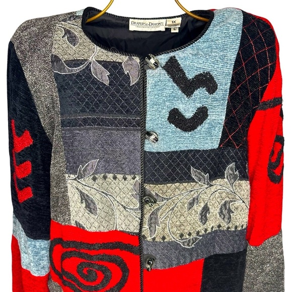 Vintage Draper’s & Damon’s Embroidered Patchwork Sweater Jacket - Size 1X PLUS - Picture 5 of 8